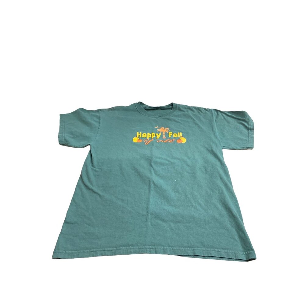 Gildan Happy Fall Yall Graphic TShirt M Green Short Sleeve Thanksgiving Pumpkins